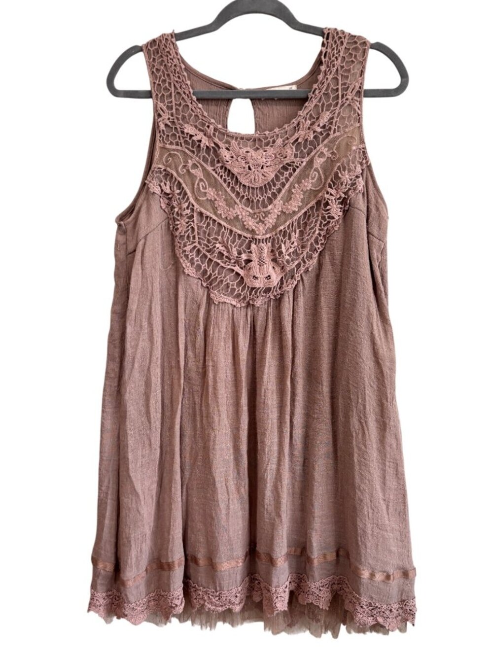 Indigo Soul XL Sleeveless Boho Tunic Dress With Crochet Lace Details Mauve Pink